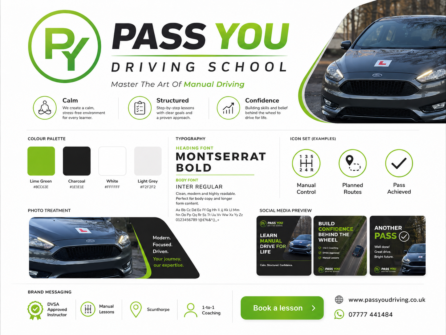 Brand board — Lime green + charcoal · Montserrat Bold + Inter · icon set