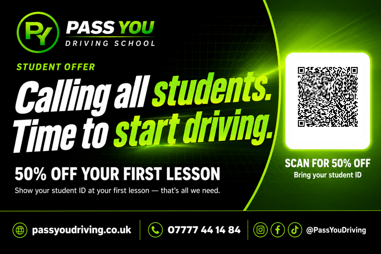 Signage · dark curve — Student-offer variant with QR